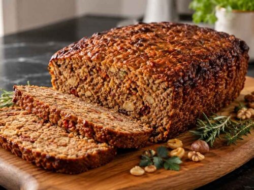 Low Meat Hackbraten mit gerösteten Nüssen, im Ganzen auf einem Holzbrett angerichtet