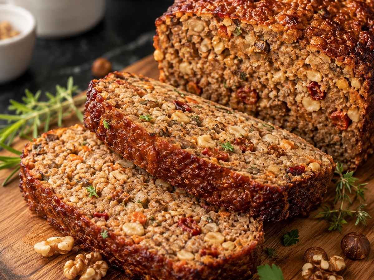 Angeschnittener Low Meat Hackbraten, Nahaufnahme der saftigen Textur mit Nüssen
