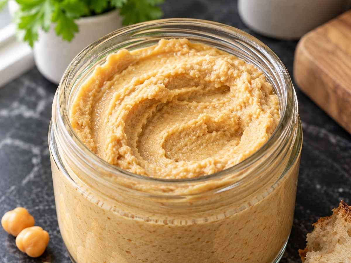 Nahaufnahme von cremigem Mandelhummus mit Öl-Topping