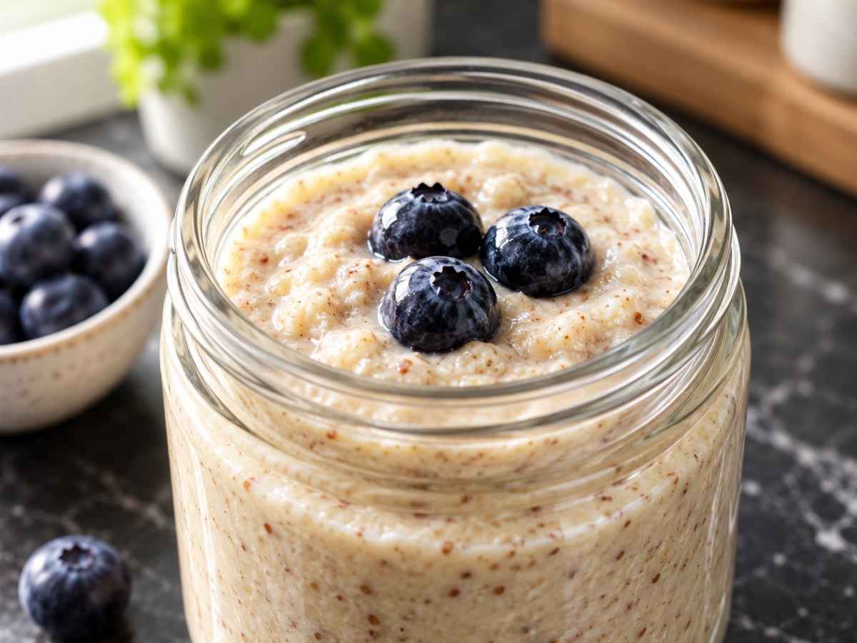 Nahaufnahme von cremigem Mandelporridge mit Zimt und Blaubeeren