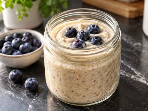 Cremiger Mandelporridge mit Blaubeeren in weißer Schüssel