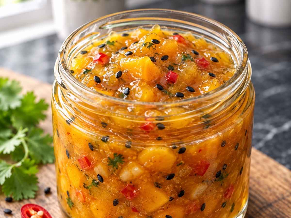 Nahaufnahme von dickflüssigem Mango-Chili-Chutney zu Fisch und Geflügel mit schwarzem Sesam auf einem Löffel