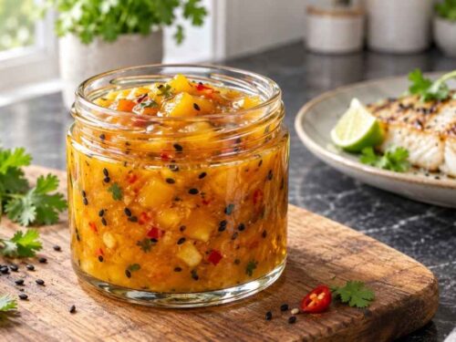 Mango-Chili-Chutney zu Fisch und Geflügel in einer Schale, daneben gegrillter Fisch und Hähnchenschenkel
