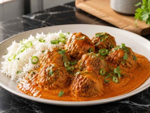 Meatballs Tikka Masala in cremiger Currysauce mit Basmatireis, bestreut mit Koriander und Frühlingszwiebeln