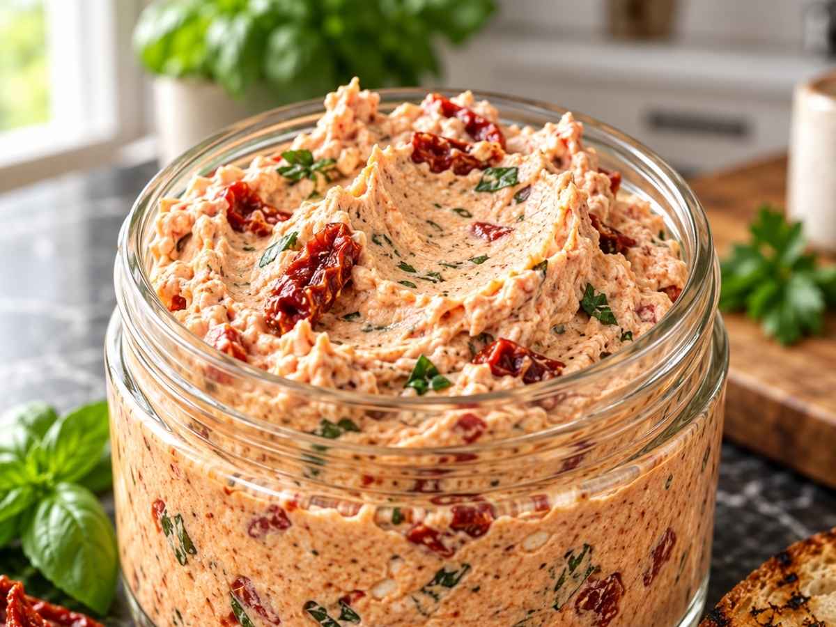 Nahaufnahme von mediterranem Dip zum Grillen mit getrockneten Tomaten und grünen Kräutern, ein Stück Grillbrot eingetunkt