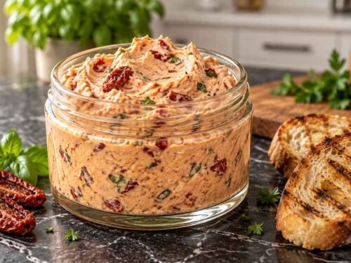 Mediterraner Dip zum Grillen in einer Schale, daneben Grillbrot, gegrilltes Gemüse und Hähnchenspieße