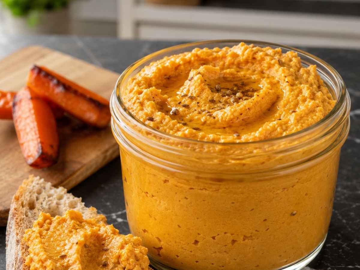 Nahaufnahme Möhren-Hummus mit Tahin und gerösteten Gewürzen