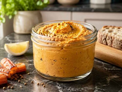 Möhren-Hummus cremiger Dip in Schale mit Olivenöl beträufelt