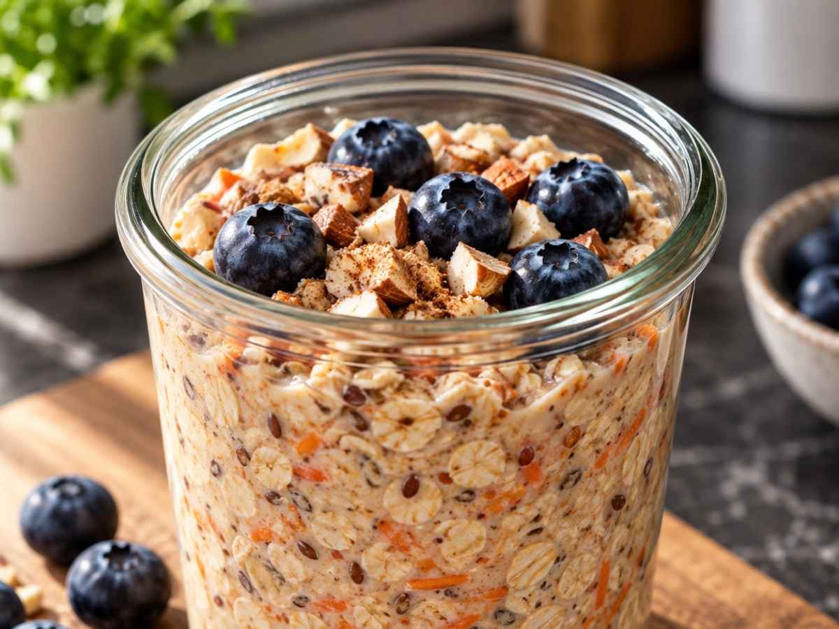 Nahaufnahme von cremigen Möhren-Mandel-Oats mit Heidelbeeren und Mandeln