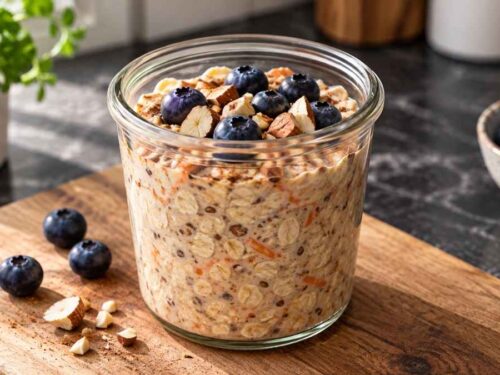 Möhren-Mandel-Oats in vier Gläsern, fertig zum Frühstück