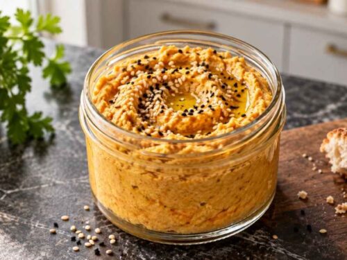 Möhren-Rote-Linsen-Hummus in weißer Schüssel, beträufelt mit Olivenöl und geröstetem Sesam