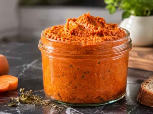 Cremiger Möhren-Tomaten-Aufstrich in einem Glas neben frischem Vollkornbrot