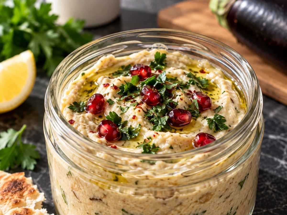 Nahaufnahme von cremigem Mutabal-Dip mit Olivenöl, Granatapfelkernen und gehackter Petersilie