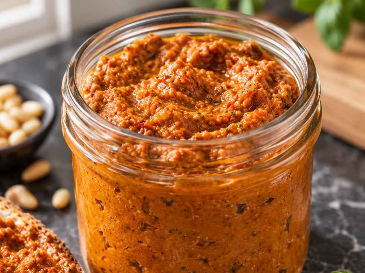 Auberginen-Tomaten-Pesto 2 Nahaufnahme der cremigen Konsistenz von Auberginen-Tomaten-Pesto mit Pinienkernen