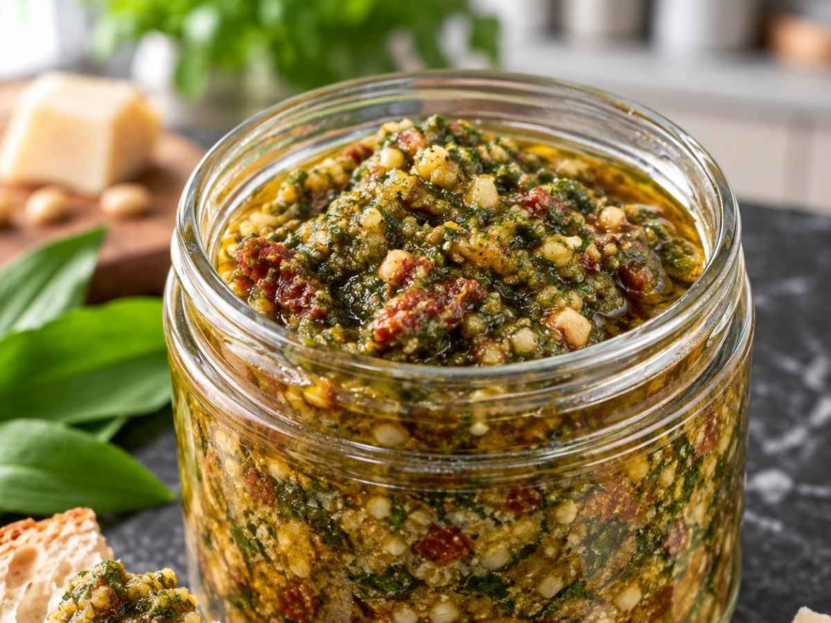 Bärlauch-Tomaten-Pesto 2 Nahaufnahme der cremigen Konsistenz von Bärlauch-Tomaten-Pesto mit Parmesan und Pinienkernen
