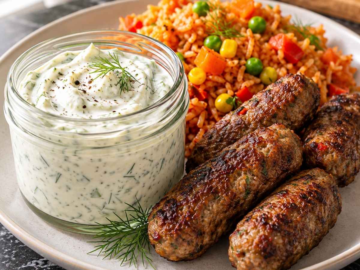 Nahaufnahme von saftigen Cevapcici mit cremigem Dill-Dip