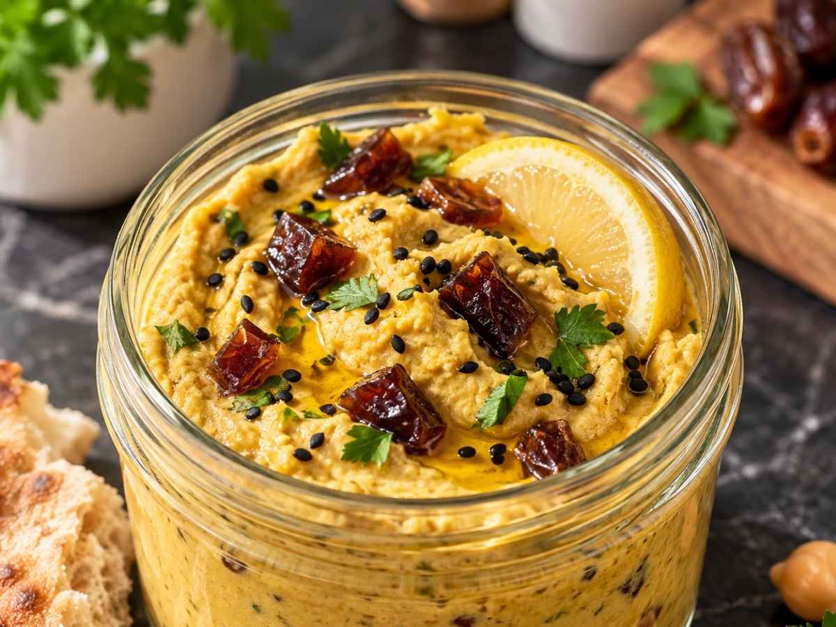 Cremige Konsistenz des Curry-Dattel-Hummus in Nahaufnahme mit Zitronenscheibe