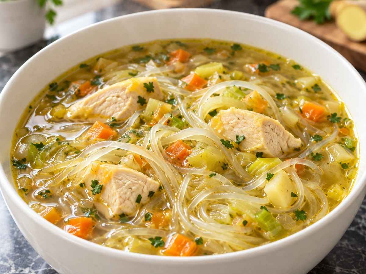 Nahaufnahme Frühstückssuppe mit gedämpftem Huhn, Hühnchen und Glasnudeln in würziger Brühe