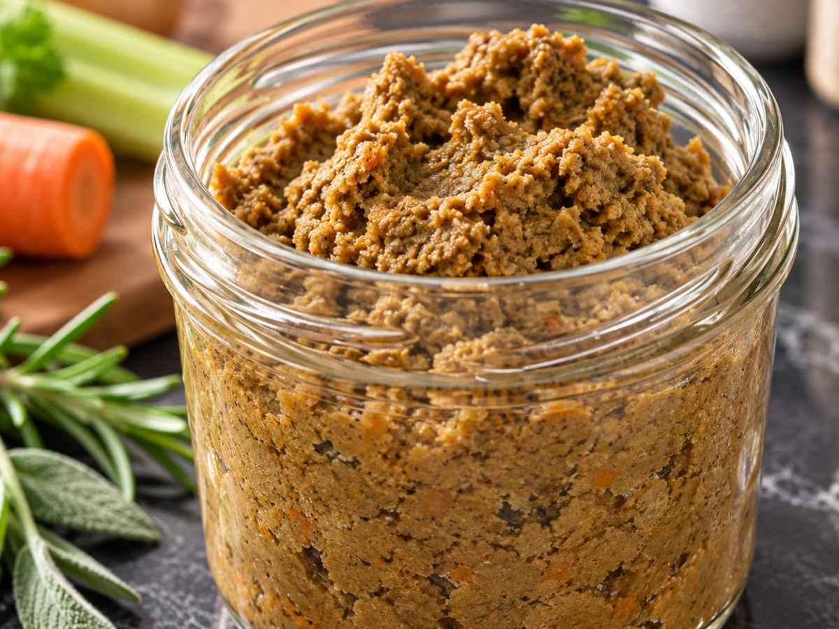Gewürzpaste für Fleischbrühe 2 Nahaufnahme der cremigen, dunklen Gewürzpaste für Fleischbrühe auf einem Löffel