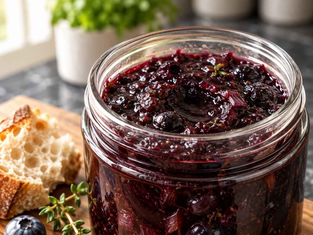 Nahaufnahme von Heidelbeer-Chutney mit Thymian auf einem Löffel
