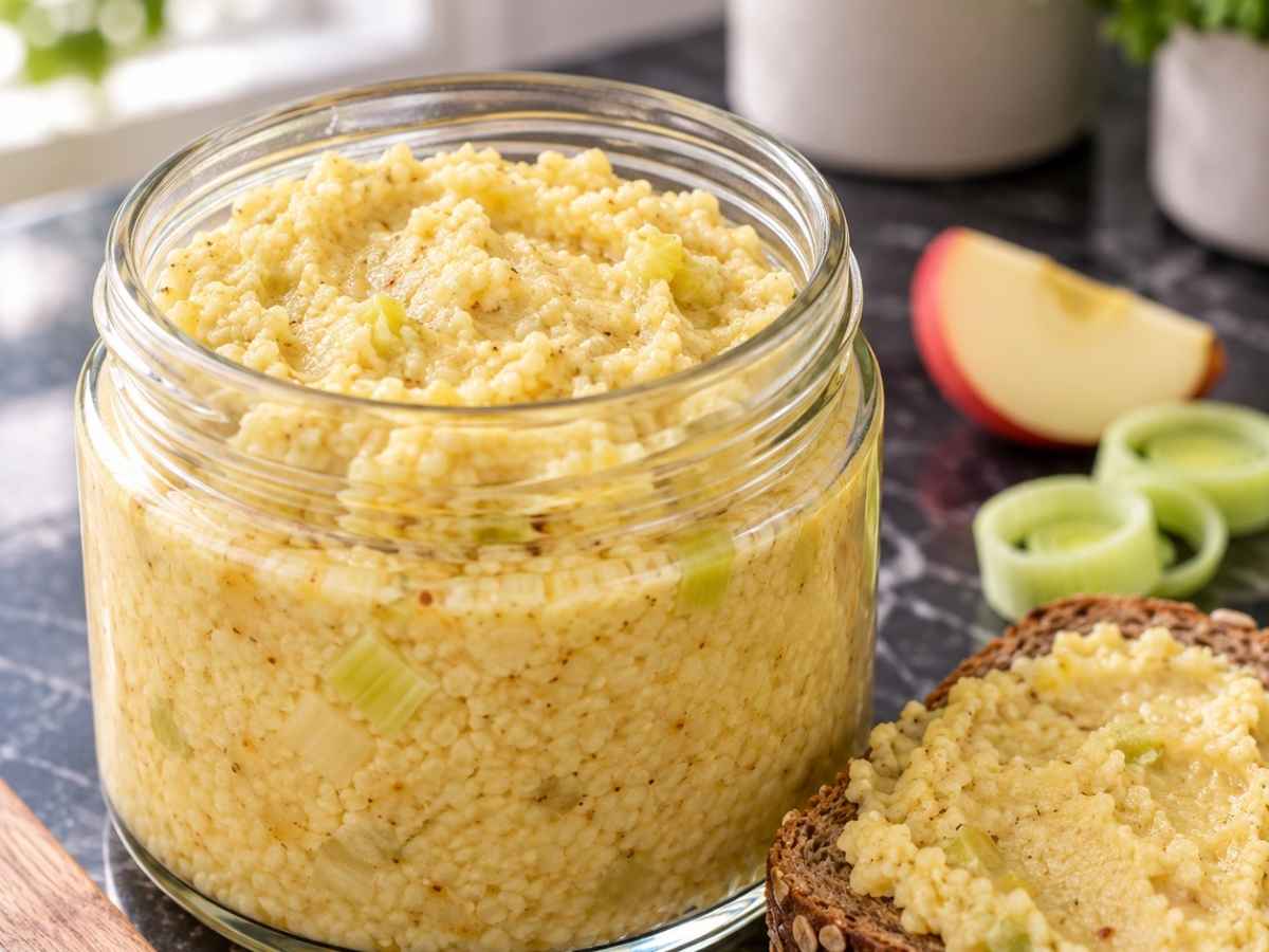 Nahaufnahme von Hirseaufstrich mit Apfel, dick auf Vollkornbrot gestrichen