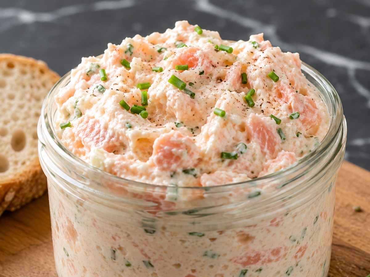 Nahaufnahme des cremigen Lachs-Dips mit sichtbaren Lachsstücken und Schnittlauch