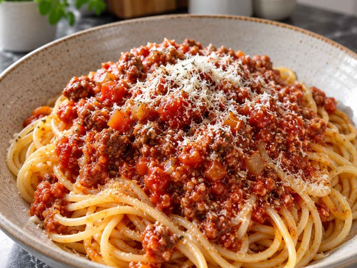 Nahaufnahme der herzhaften Low Meat Bolognese mit Grünkern und Rinderhack