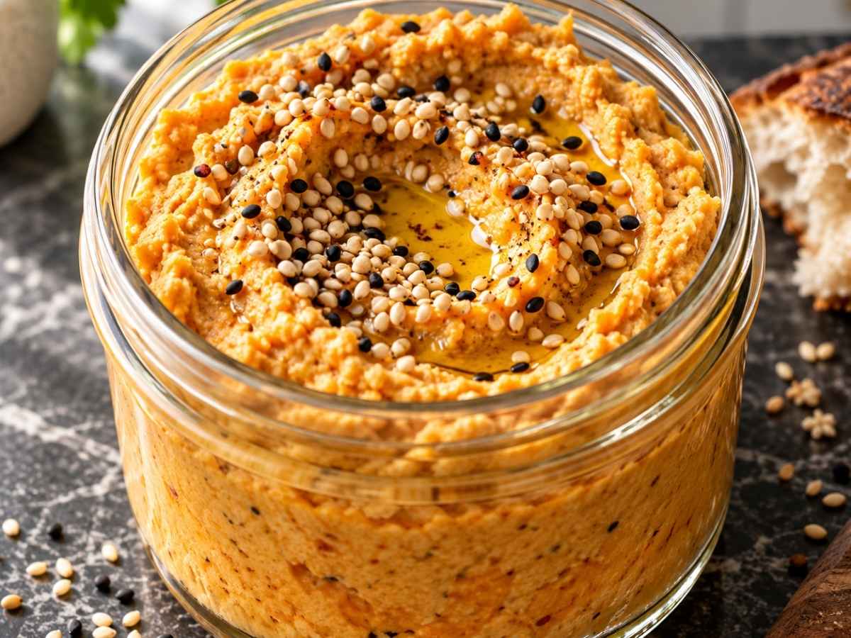 Cremige Nahaufnahme von Möhren-Rote-Linsen-Hummus mit sichtbaren Sesam- und Schwarzkümmelkörnern