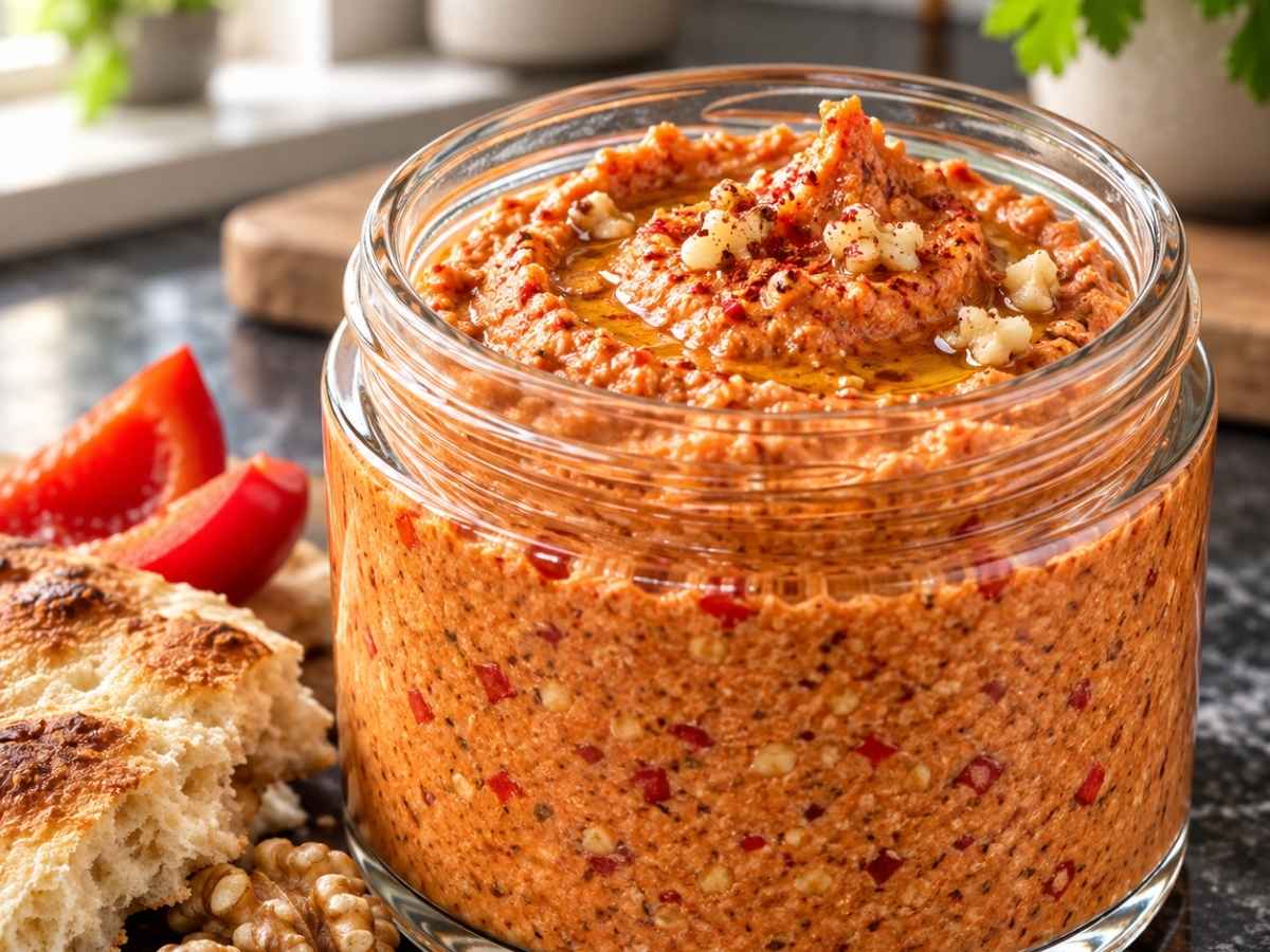 Nahaufnahme vom orangeroten Paprika-Walnuss-Dip mit feiner Körnung, einem Schuss Olivenöl und gehackten Walnüssen obendrauf
