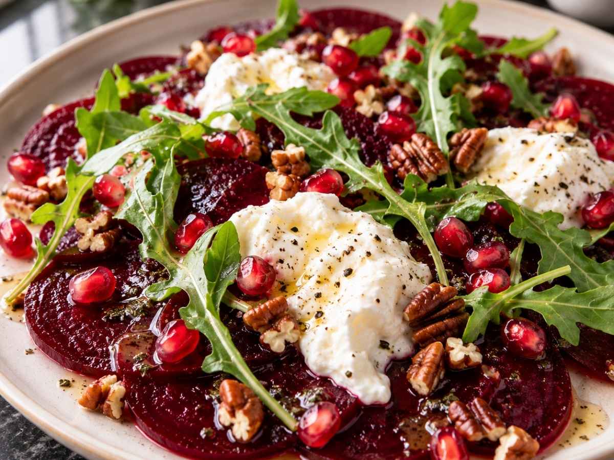 Rote-Bete-Carpaccio mit Burrata 2 Nahaufnahme von Rote-Bete-Carpaccio mit cremiger Burrata und süß-saurem Dressing