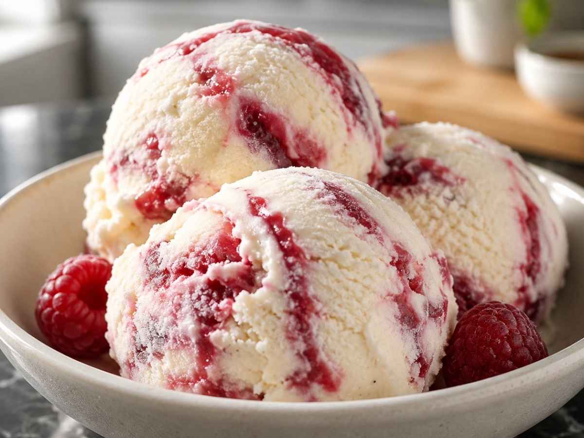 Skyr-Himbeer-Eis 2 Nahaufnahme von cremigem Skyr-Eis mit sichtbaren Himbeersauce-Schlieren