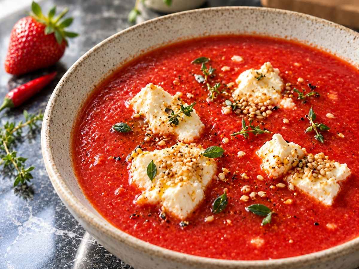 Nahaufnahme der leuchtend roten Tomaten-Erdbeer-Chili-Suppe mit geröstetem Sesam auf dem Feta
