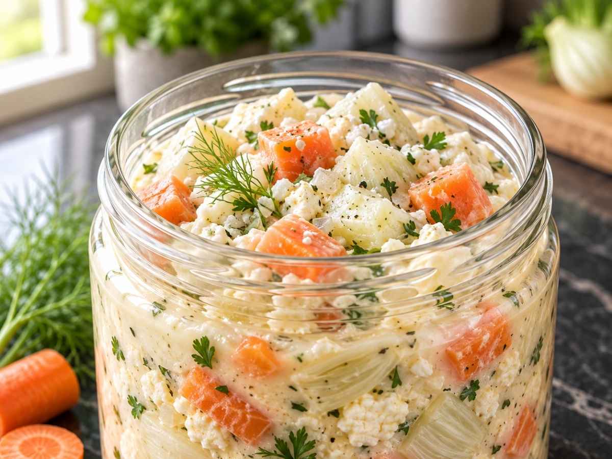 Nahaufnahme der cremigen Fetakäse-Gemüse-Sauce mit Fenchelgrün und Petersilie