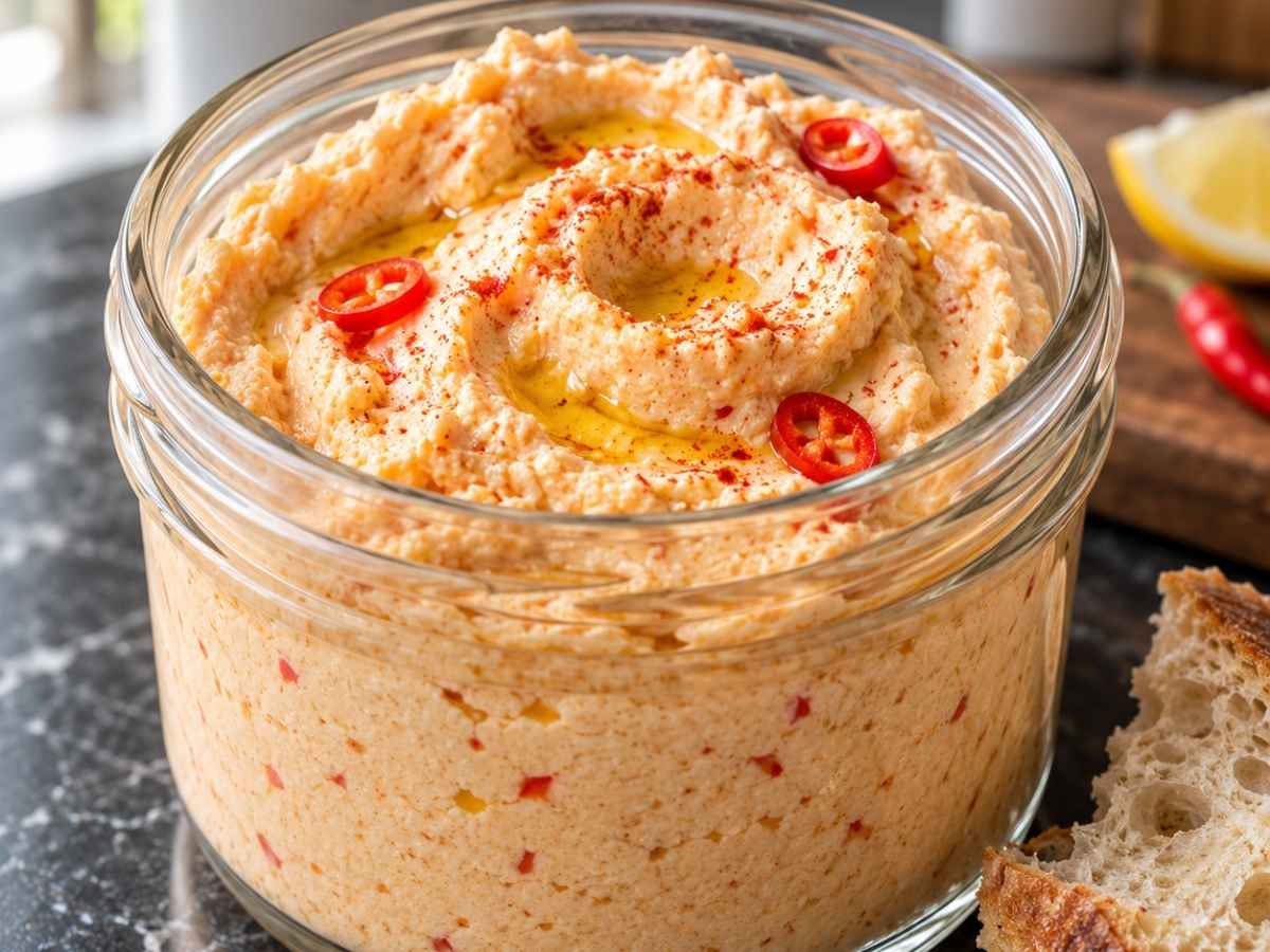 Nahaufnahme von cremigem Feta-Dip mit Knoblauch und Chili