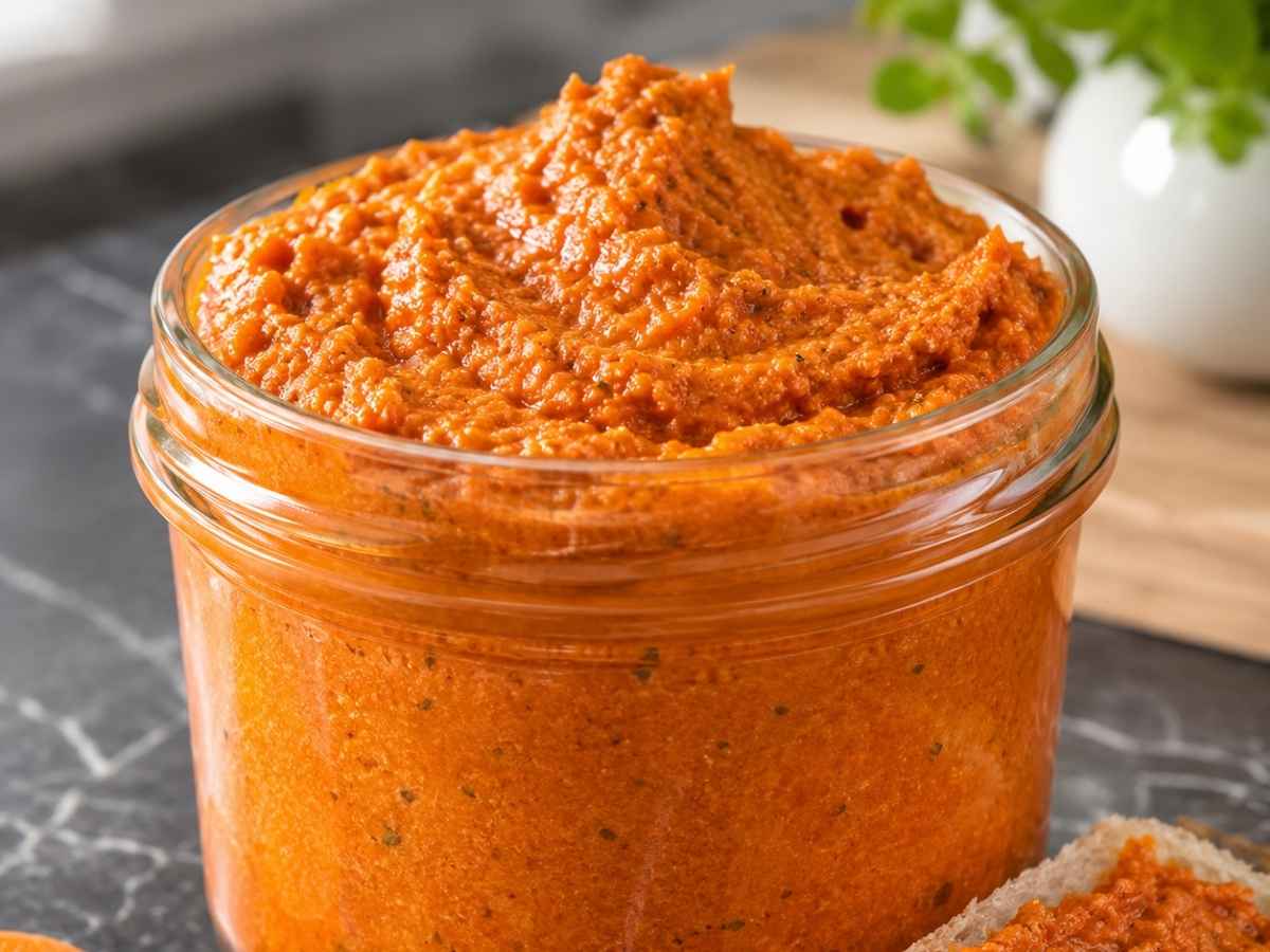 Nahaufnahme von Möhren-Tomaten-Aufstrich, cremig auf einer Scheibe Vollkornbrot verstrichen