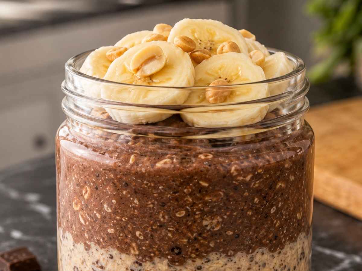 Cremige Schoko-Erdnuss-Oats mit Schokoladenstückchen und gerösteten