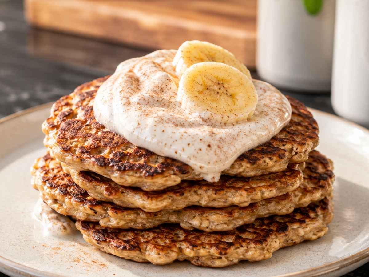 Nahaufnahme eines Bananen-Pancakes, der in Zimt-Joghurt getunkt wird