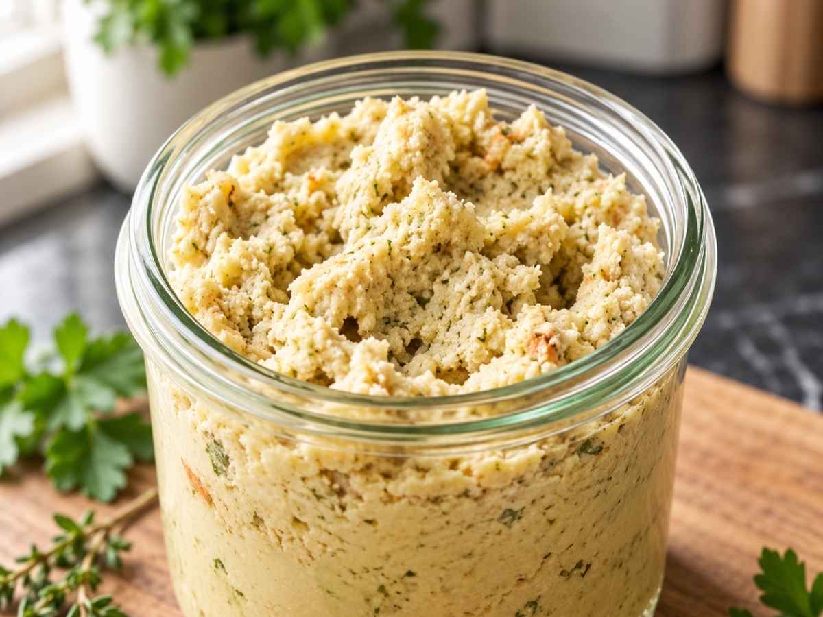 Nahaufnahme der cremigen Gewürzpaste für Hühnerbrühe auf einem Löffel
