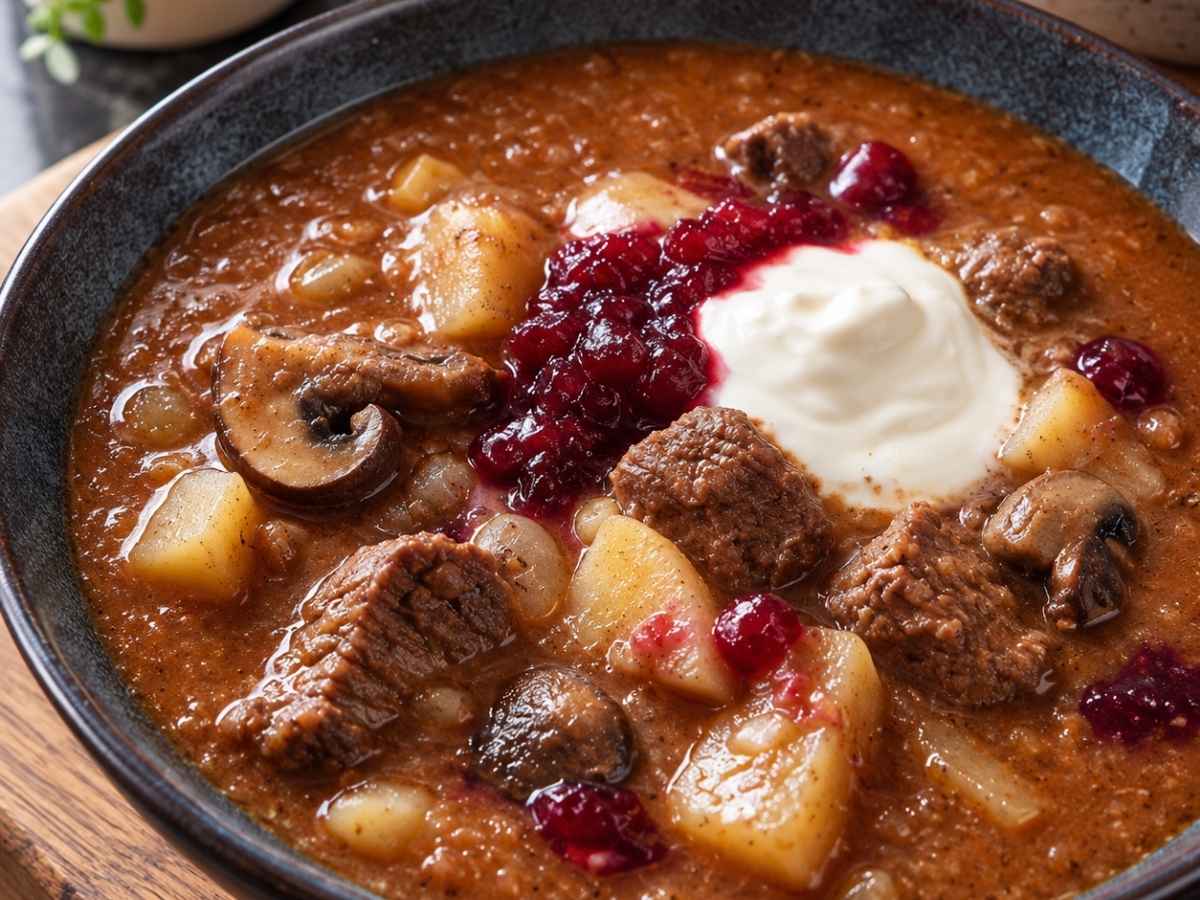 Hirschgulasch-Suppe 2 Nahaufnahme von Hirschgulasch-Suppe mit sichtbaren Fleischstücken, Kartoffeln und einem Löffel Preiselbeerkompott