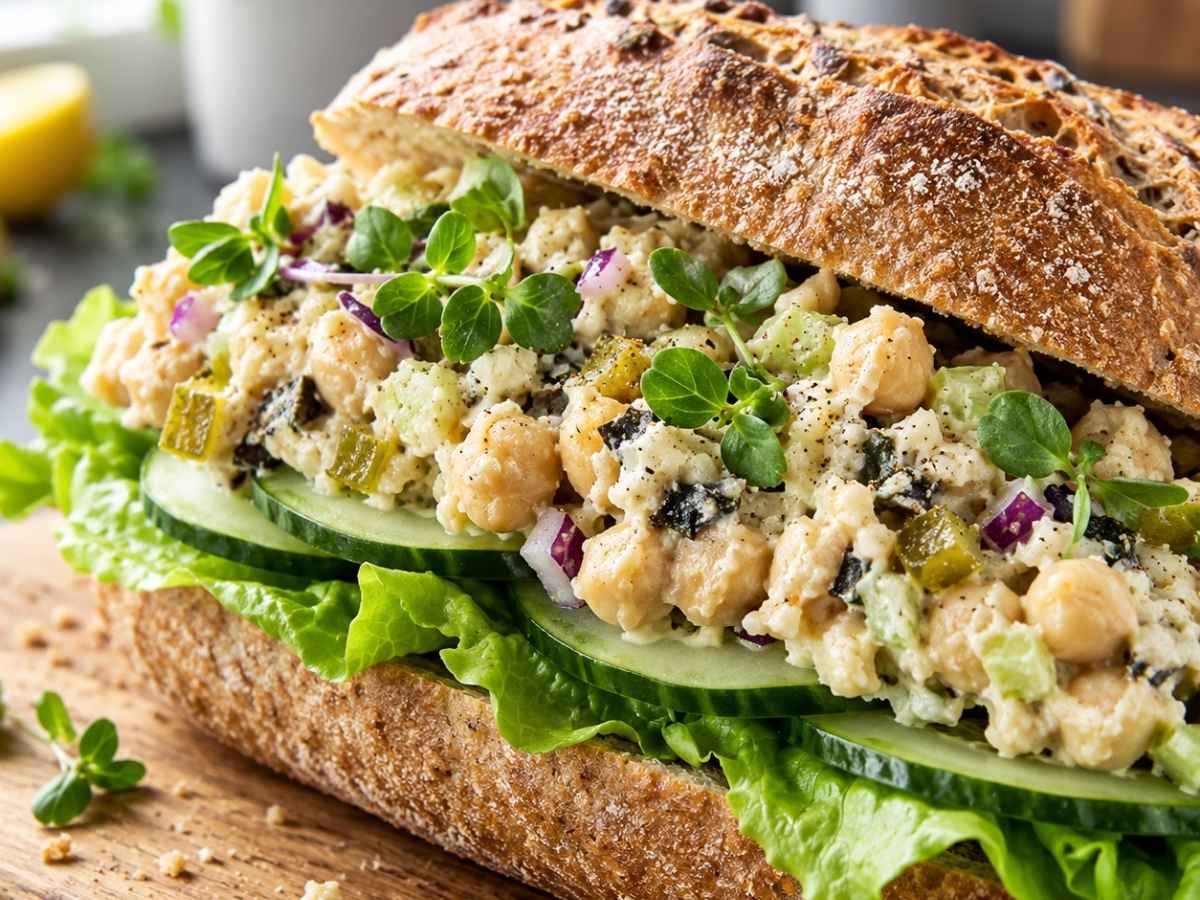 Cremige vegane Thunfisch-Creme aus Kichererbsen und Nori auf Roggenbrötchen