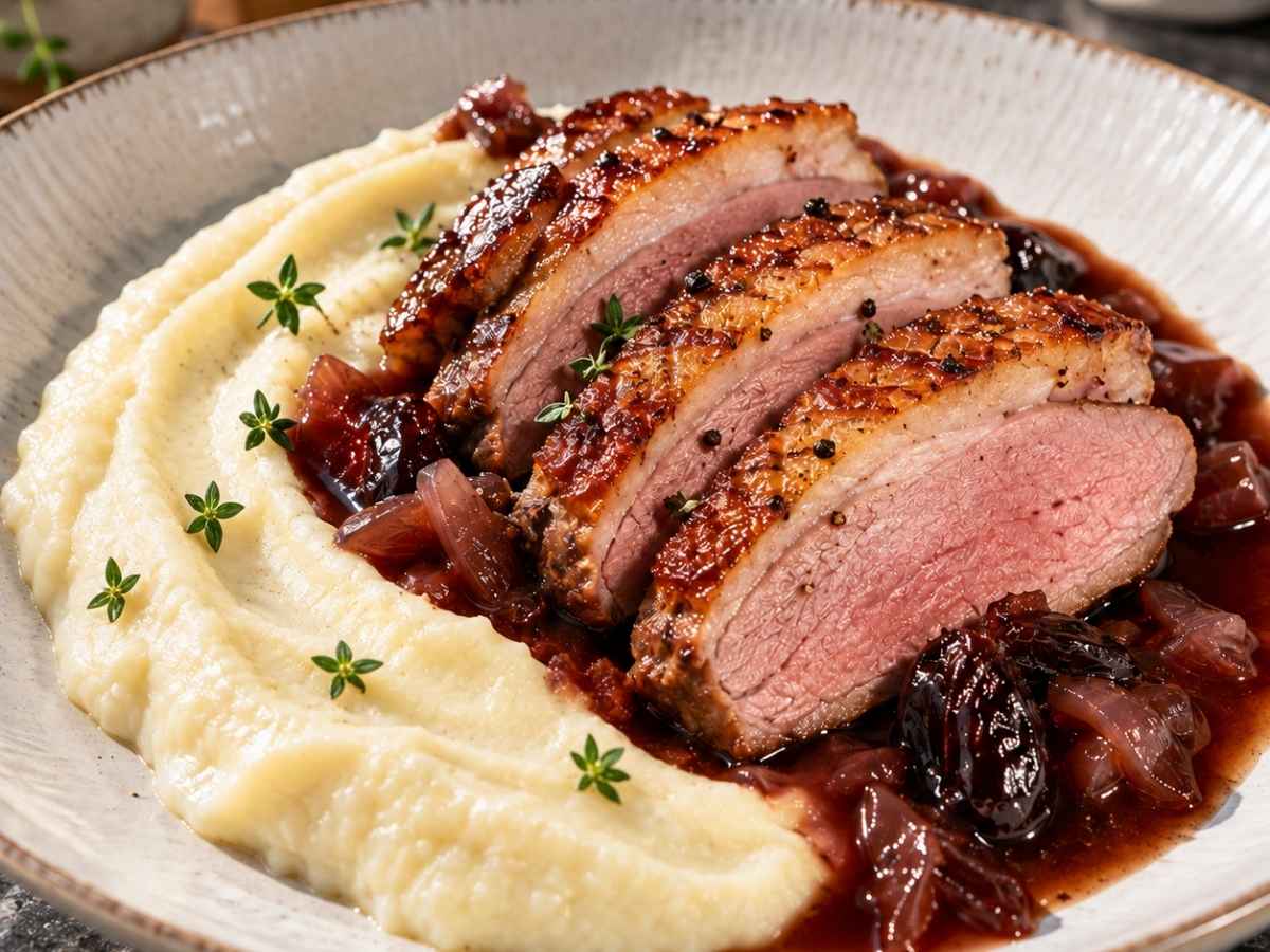 Entenbrust mit Rotwein-Pflaumensauce 2 Aufgeschnittene Entenbrust mit rosa Kern und knuspriger Haut
