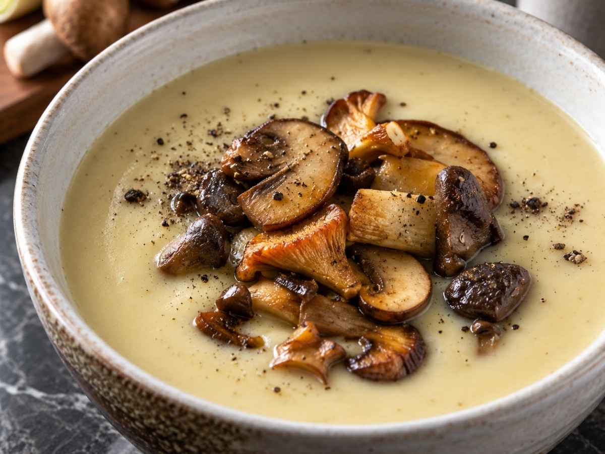 Nahaufnahme von cremiger veganer Kartoffelsuppe mit gerösteten Pilzscheiben