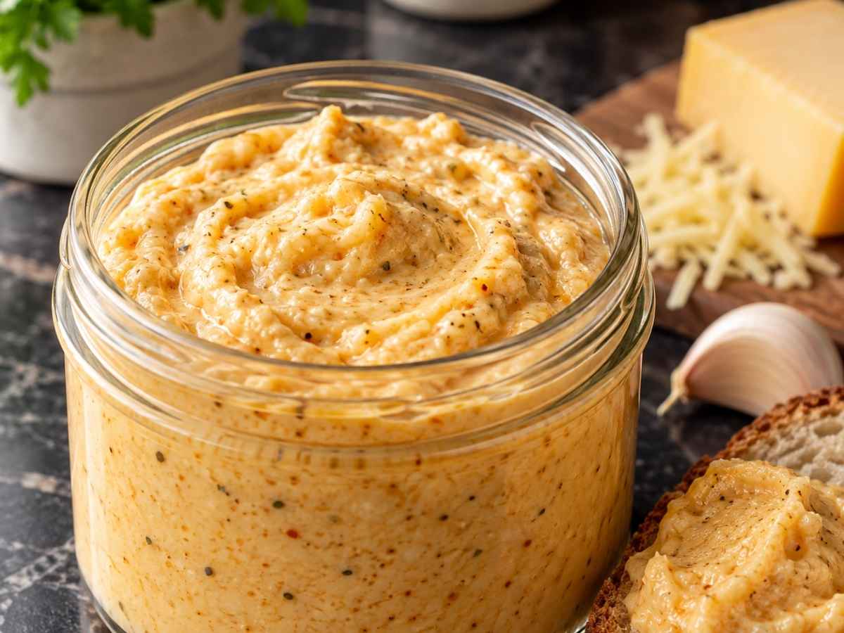 Knoblauch-Käse-Creme 2 Cremige Knoblauch-Käse-Creme in Nahaufnahme mit sichtbaren Knoblauchstückchen