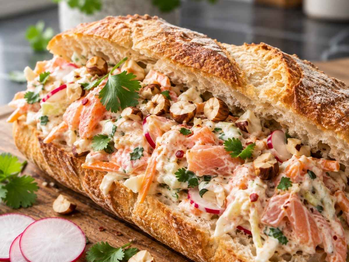 Nahaufnahme der Lachs-Krautsalat Füllung mit Räucherlachs, Möhren und Radieschen