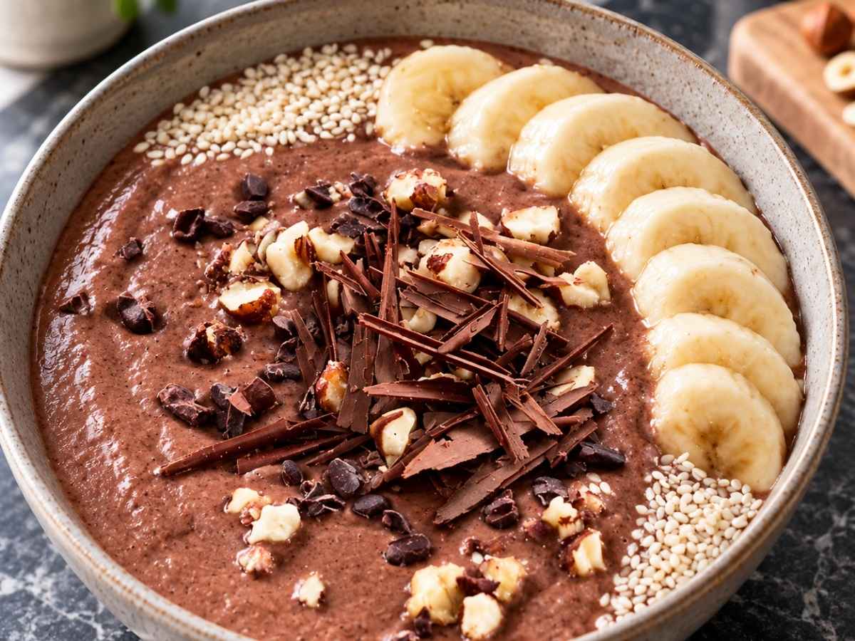 Nahaufnahme der Schoko-Haselnuss-Smoothie Bowl mit Kakaonibs, Sesam und Schokoladenraspeln