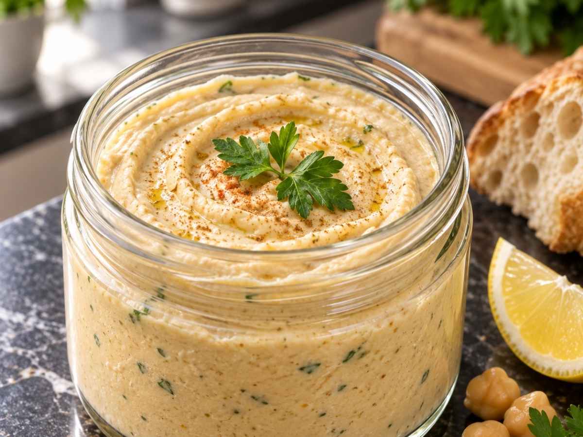 Kichererbsencreme 2 Nahaufnahme cremige Kichererbsencreme mit Kreuzkümmel und Olivenöl