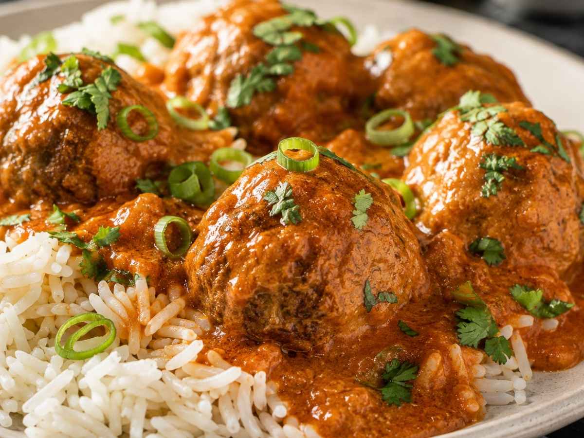 Meatballs Tikka Masala 2 Nahaufnahme von saftigen Hackbällchen in cremiger Tikka-Masala-Sauce