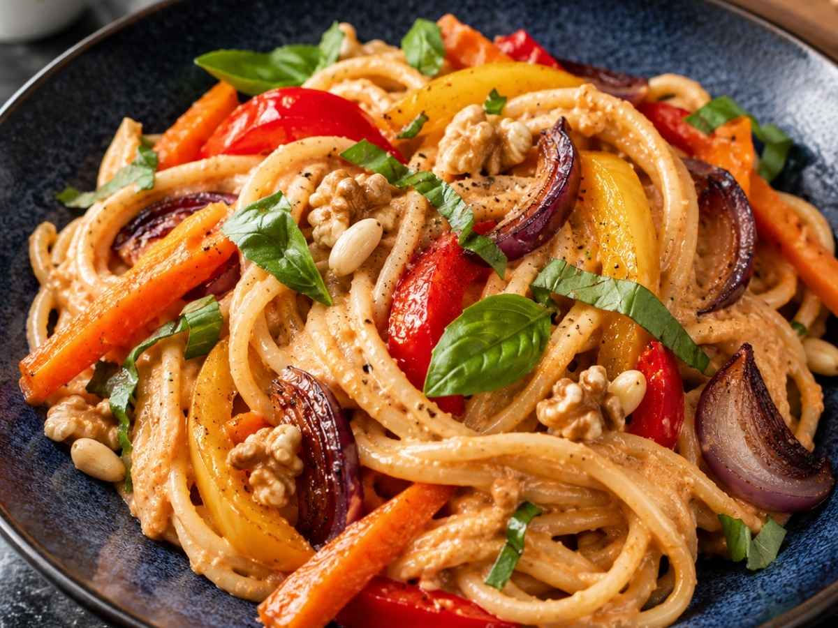 Nahaufnahme von cremigem Tomaten-Walnuss-Pesto auf veganen Linguine