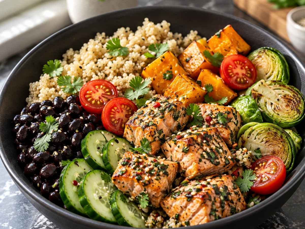 Bowl mit mariniertem Lachs, Quinoa und schwarzen Bohnen 2 Nahaufnahme von mariniertem Lachs mit Sesam auf Quinoa und schwarzen Bohnen