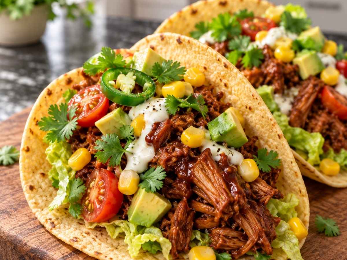 Nahaufnahme einer veganen Taco mit rauchiger Pulled-Jackfruit-Füllung und Knoblauchsauce